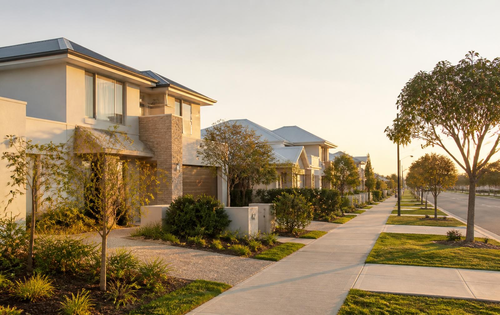 Perth suburban street of new homes at golden hour