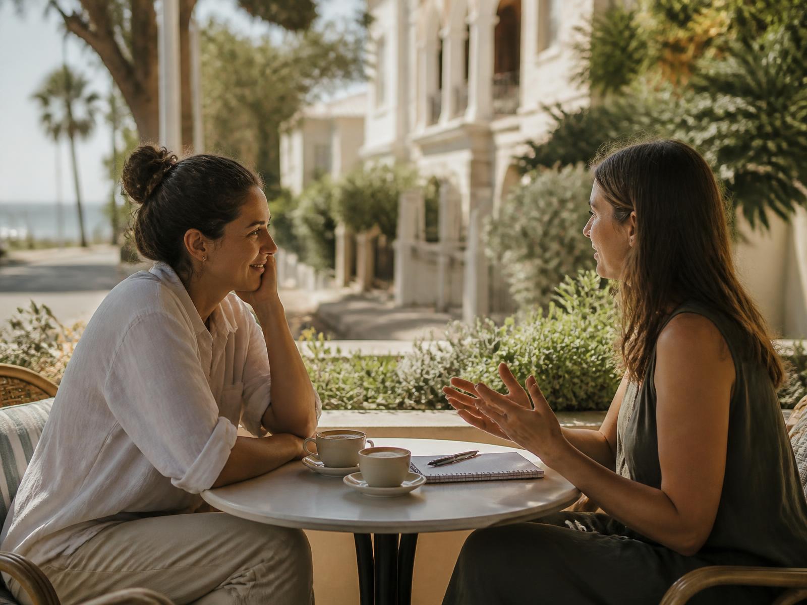 Jodie from LRS Down Under in a relaxed relocation chat with a client over coffee in Perth
